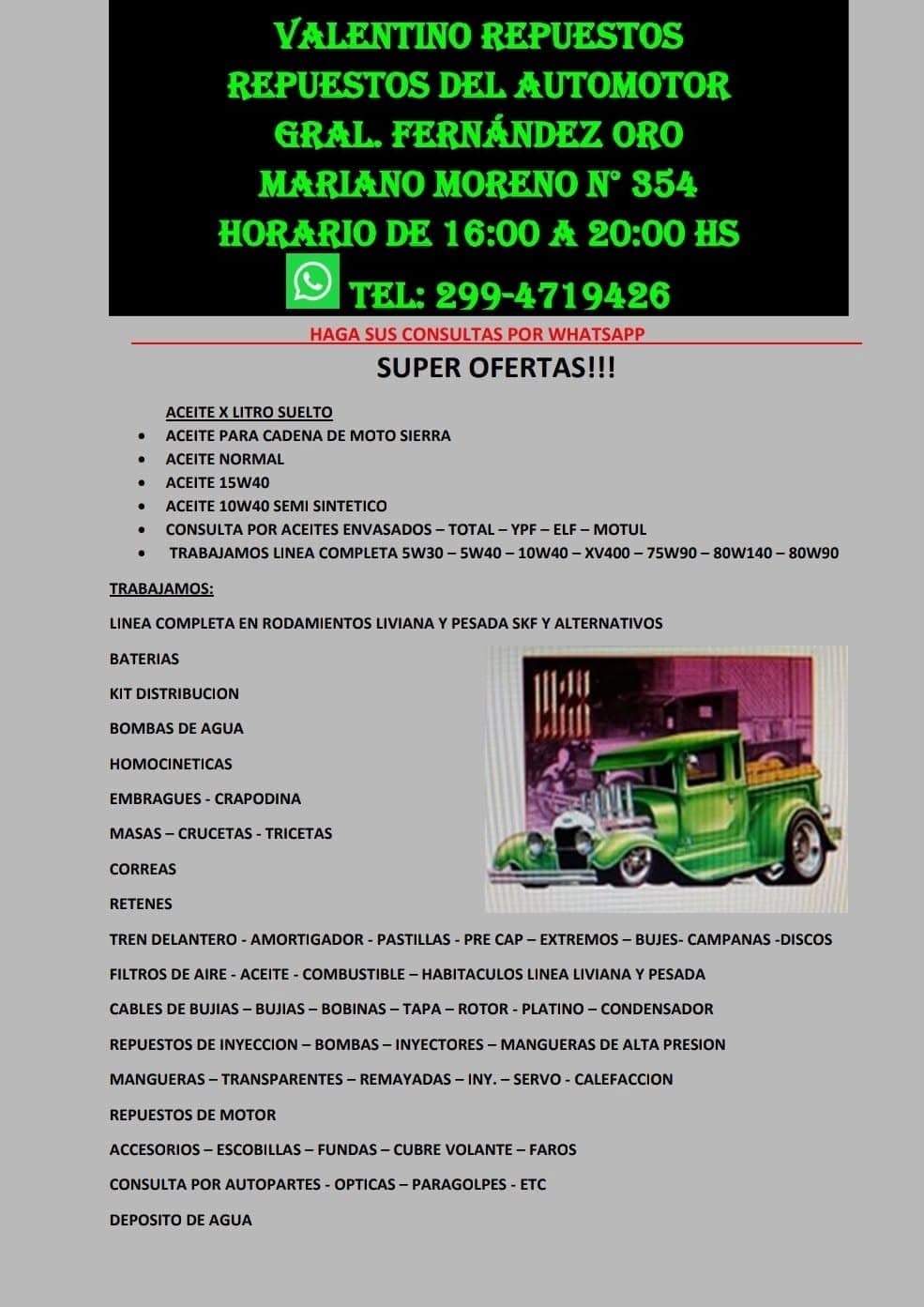 Flyer real de Valentino Repuestos con rubros y WhatsApp